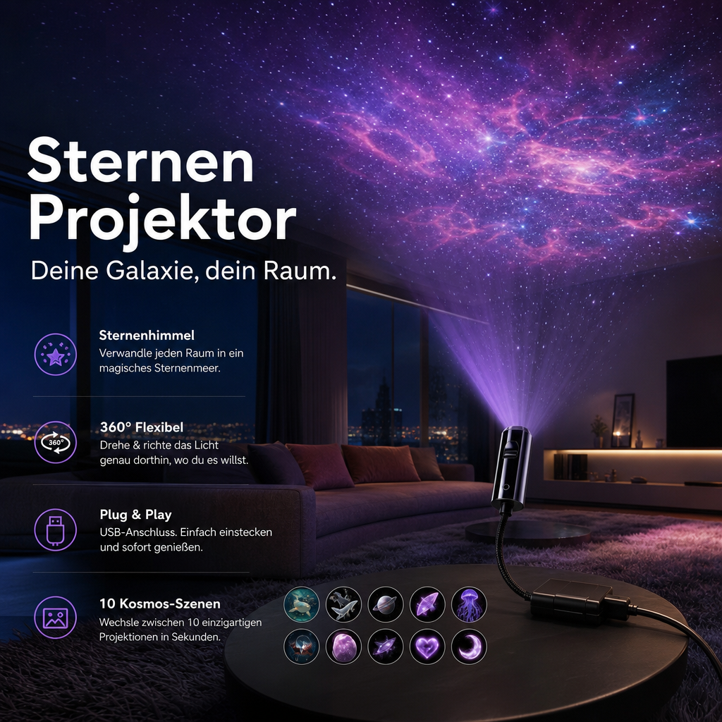 LED Galaxy Star Projector with 10 Slides and Flexible USB Arm
