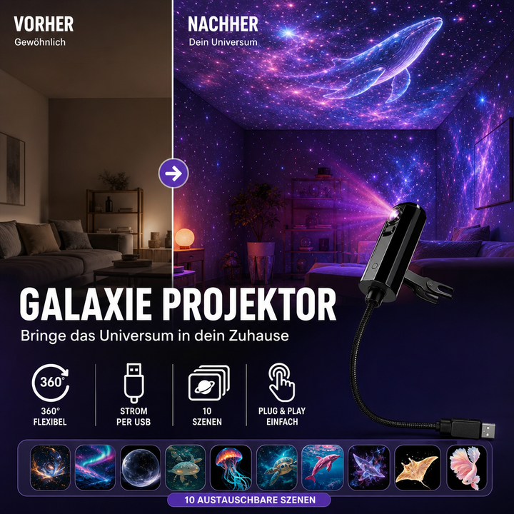 LED Galaxy Star Projector with 10 Slides and Flexible USB Arm