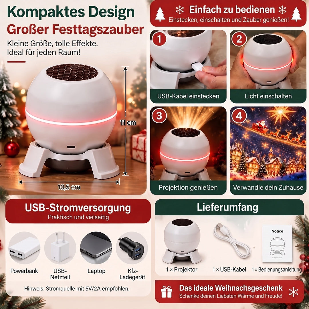 Christmas Light Projector with Animated Festive Patterns, USB-Powered