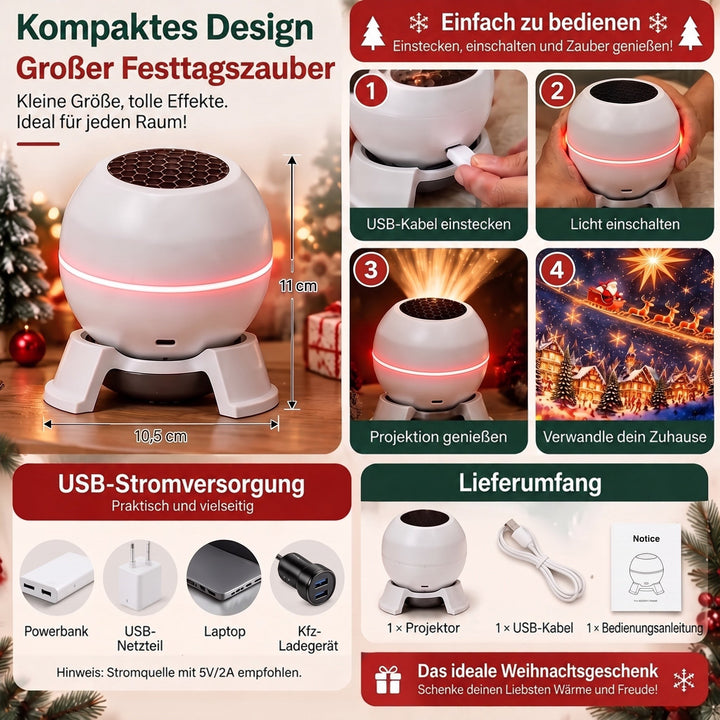 Christmas Light Projector with Animated Festive Patterns, USB-Powered