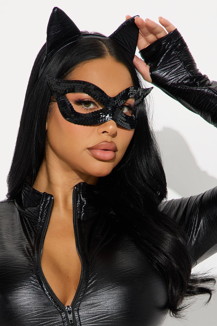 Four-Piece Black Cat Costume Set with Stretchy Knit Bodysuit and Matching Accessories