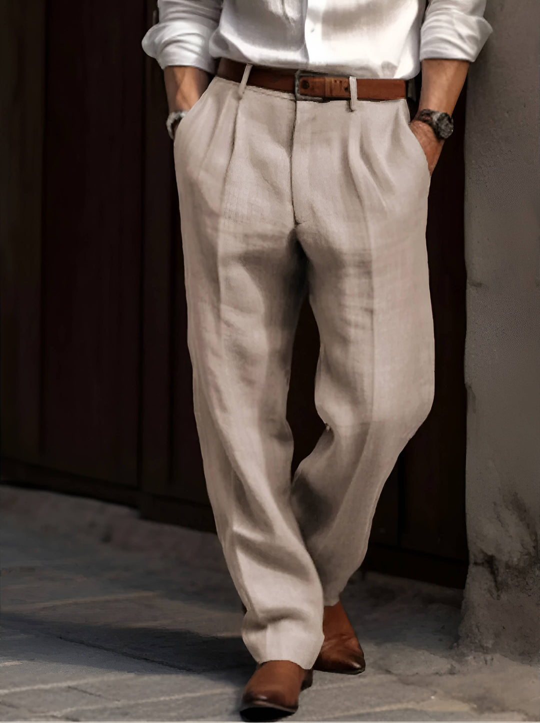 Men's Pleated Pants - Relaxed Fit Cotton Pants Elasticated Waist