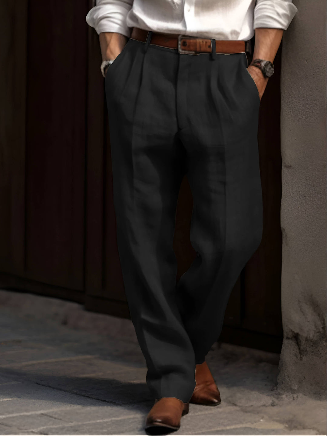 Men's Pleated Pants - Relaxed Fit Cotton Pants Elasticated Waist