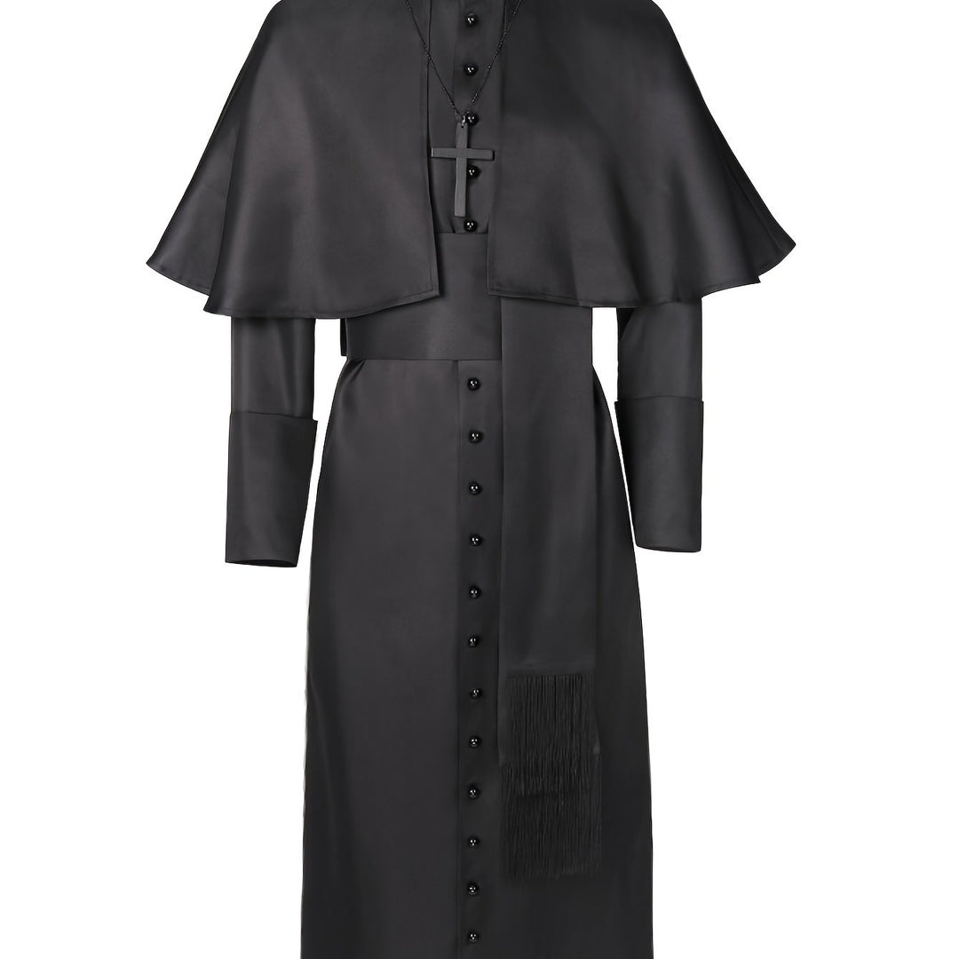 Men's Halloween Priest Costume with Long Robe, Cape and Cross
