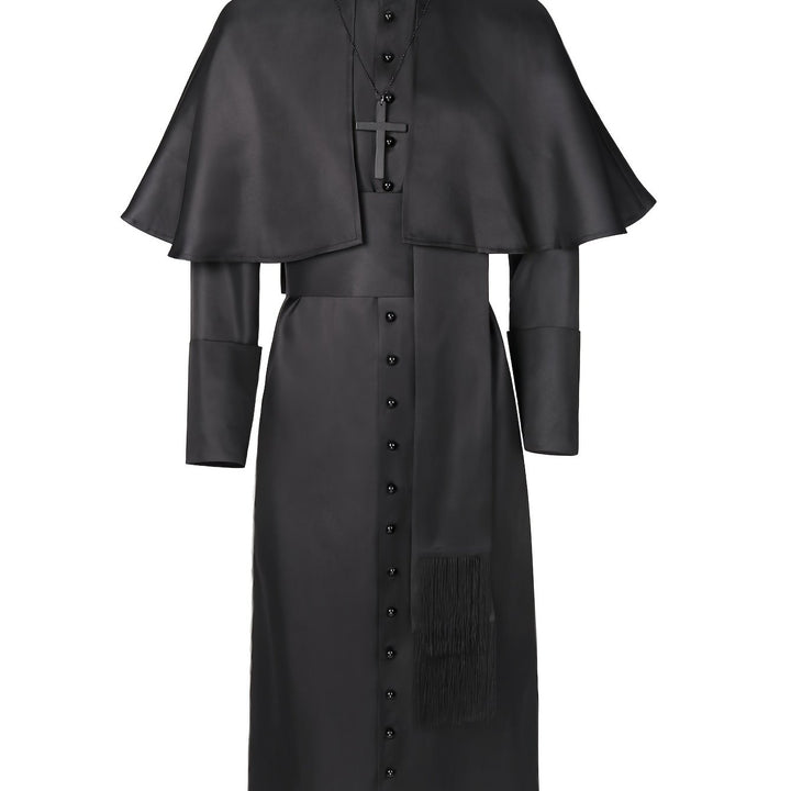Men's Halloween Priest Costume with Long Robe, Cape and Cross