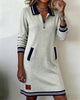 Long Casual Dress with Lapel Collar and Front Zip
