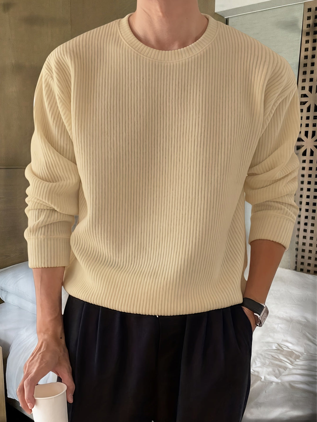 Men's Rib Knit Crew-Neck Sweater with Relaxed Fit