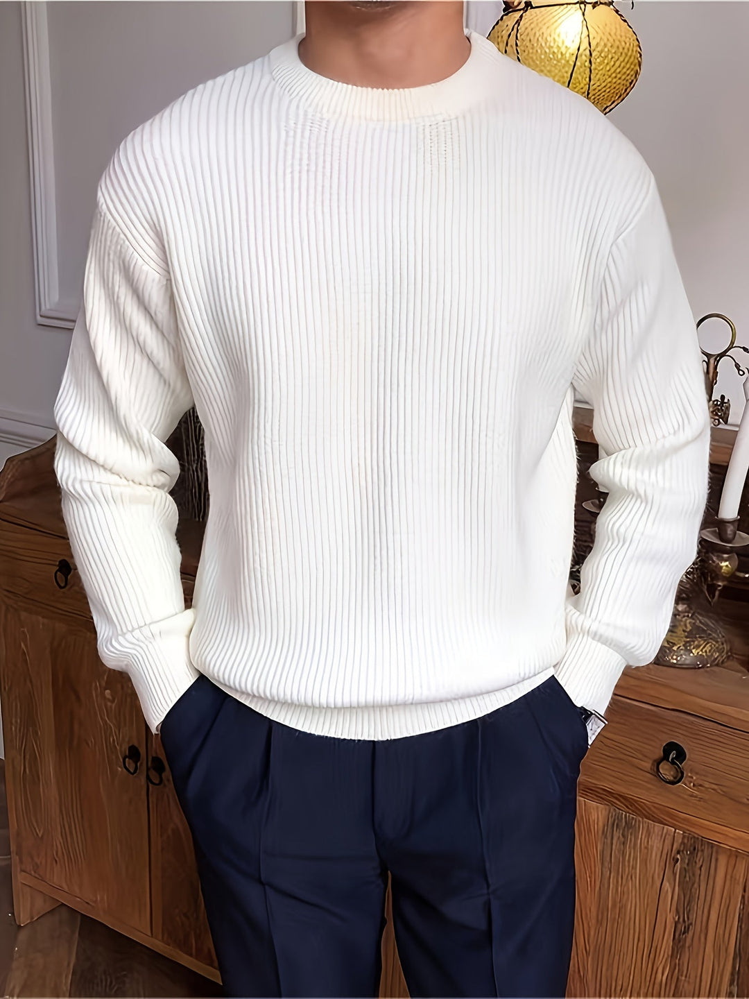 Men's Rib Knit Crew-Neck Sweater with Relaxed Fit