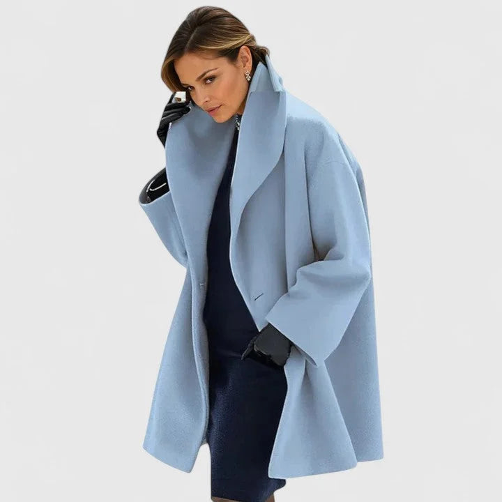 Women's button-front shawl collar wool coat with oversized draped