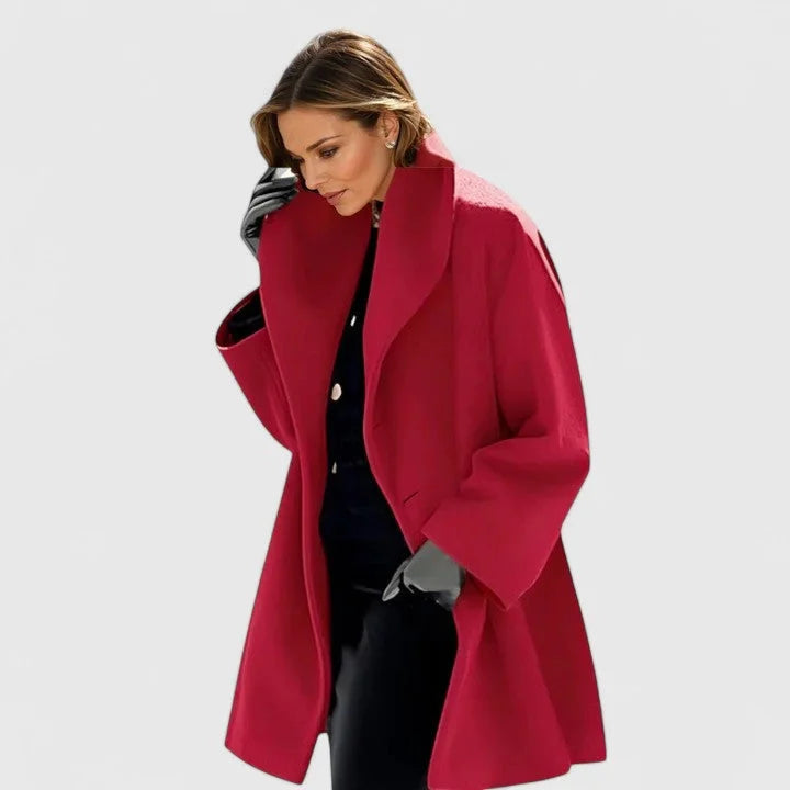 Women's button-front shawl collar wool coat with oversized draped