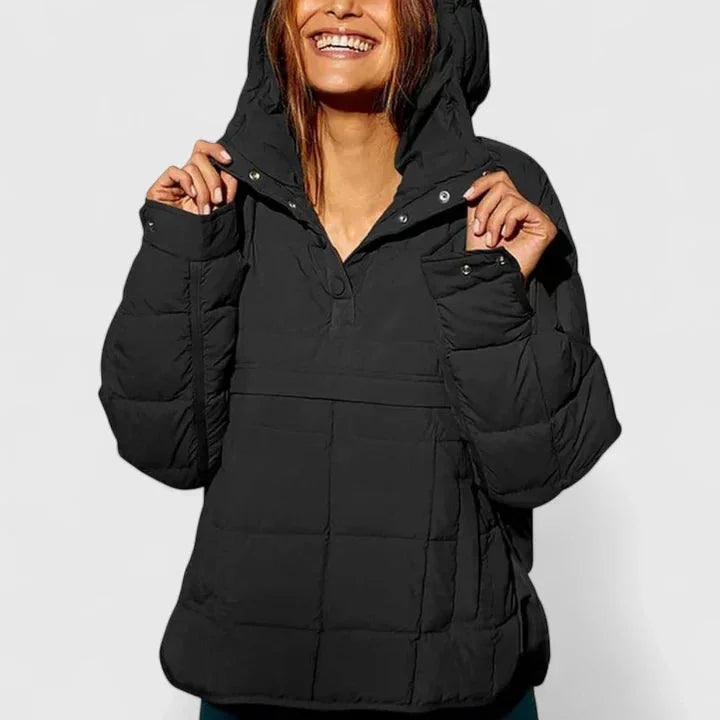 Women's quilted half-zip hood puffer jacket with placket