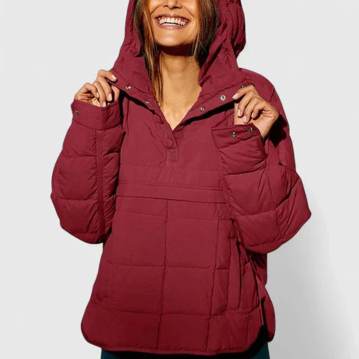 Women's quilted half-zip hood puffer jacket with placket