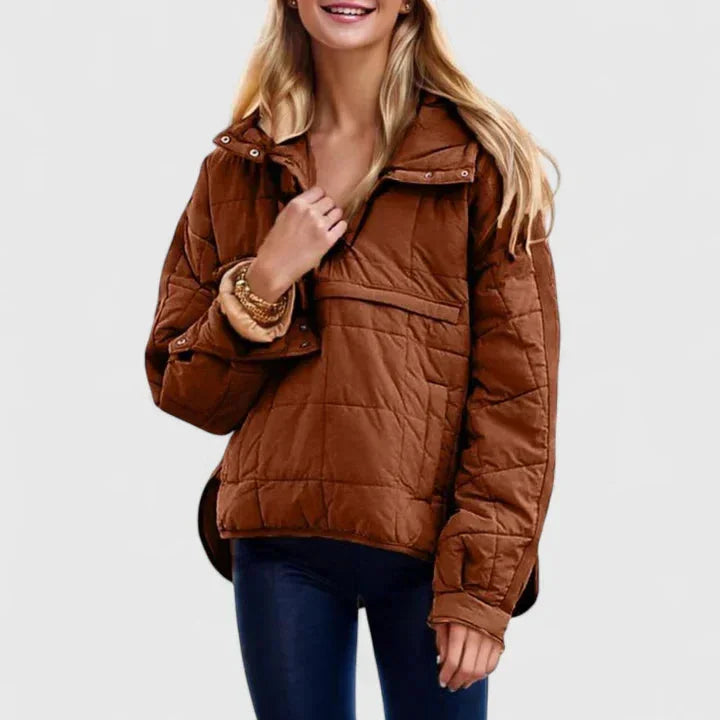 Women's quilted half-zip hood puffer jacket with placket