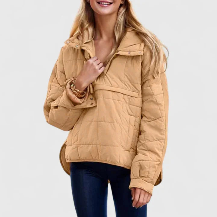 Women's quilted half-zip hood puffer jacket with placket