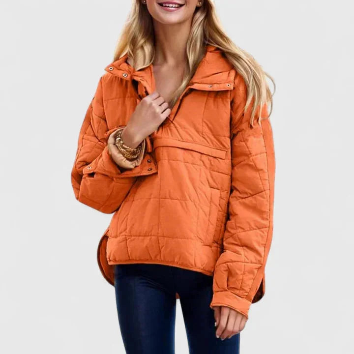 Women's quilted half-zip hood puffer jacket with placket