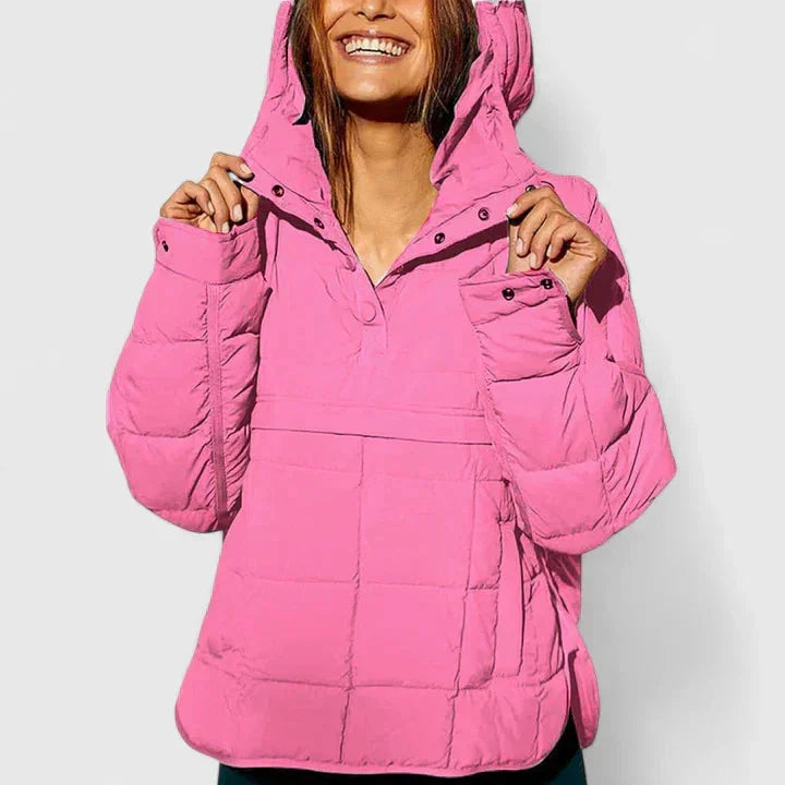 Women's quilted half-zip hood puffer jacket with placket