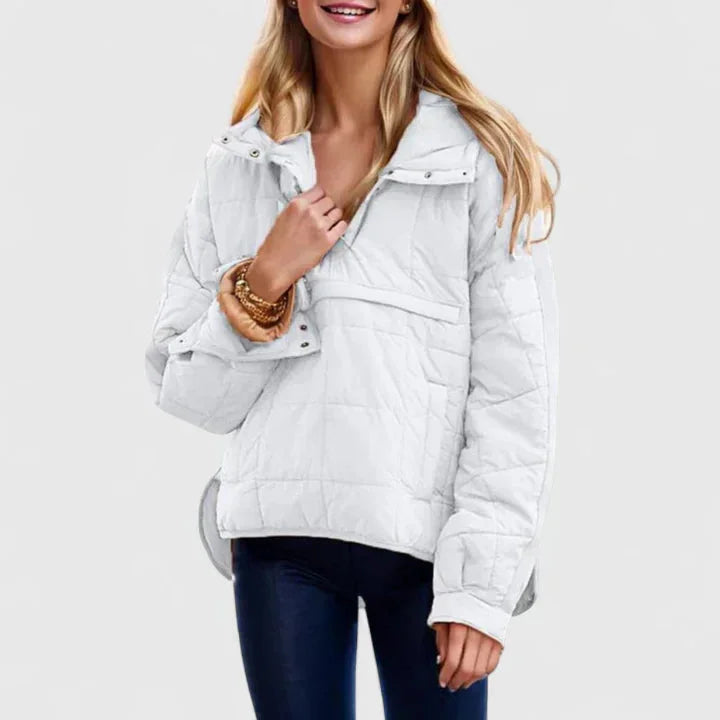 Women's quilted half-zip hood puffer jacket with placket