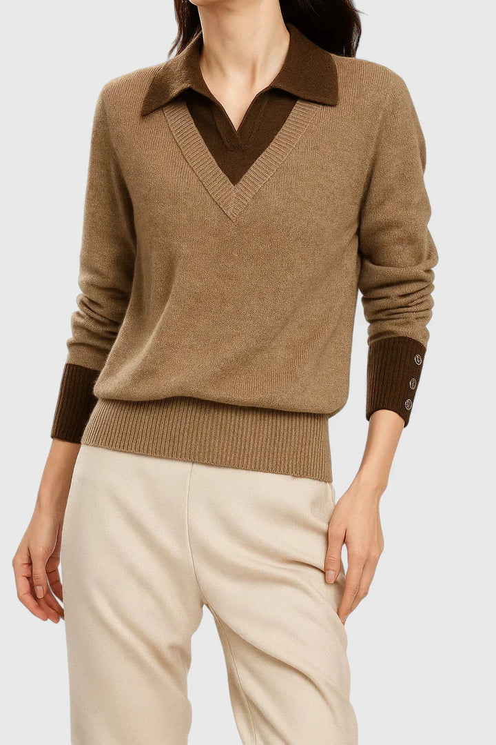 Women's knit v-neck sweater with button detail on cuffs