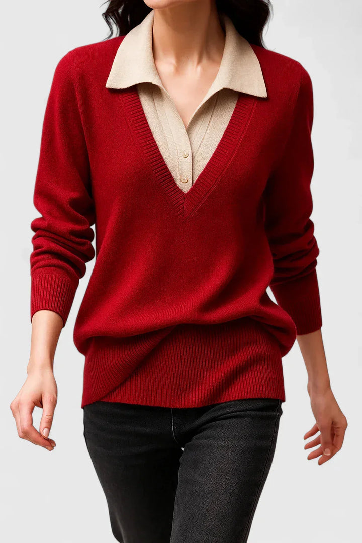 Women's knit v-neck sweater with button detail on cuffs