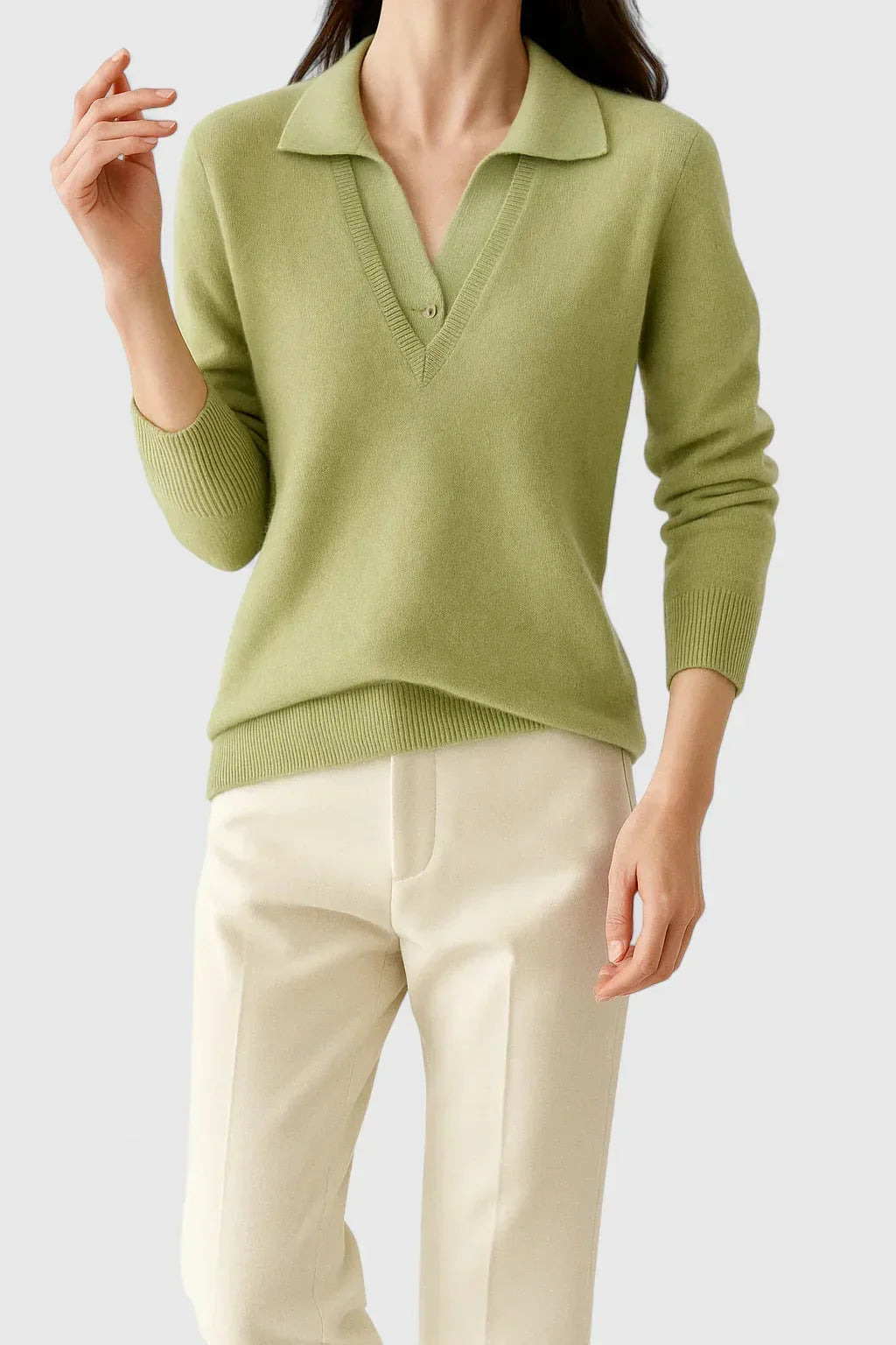 Women's knit v-neck sweater with button detail on cuffs