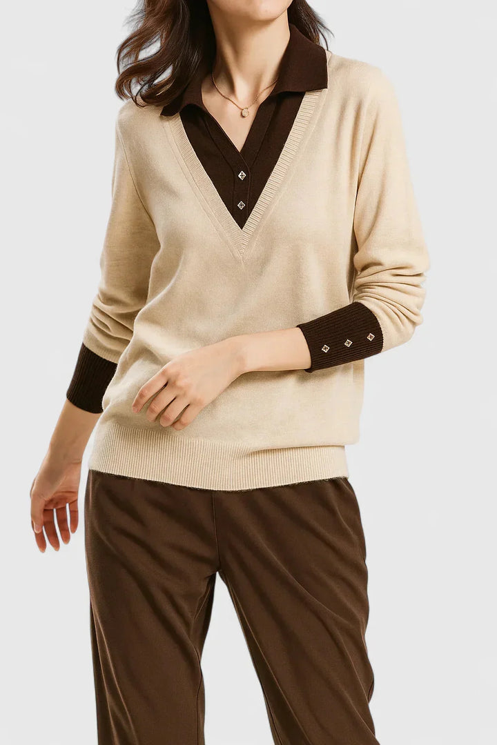 Women's knit v-neck sweater with button detail on cuffs