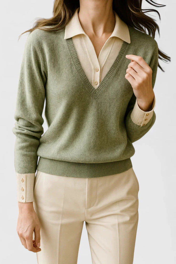 Women's knit v-neck sweater with button detail on cuffs