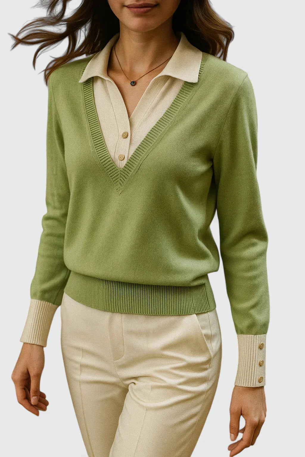 Women's knit v-neck sweater with button detail on cuffs