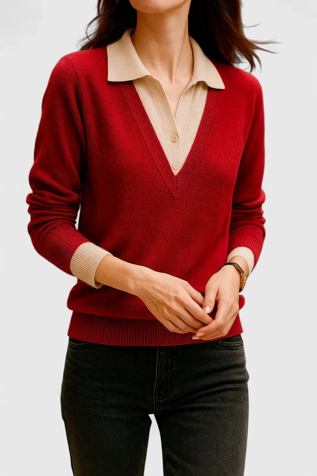 Women's knit v-neck sweater with button detail on cuffs