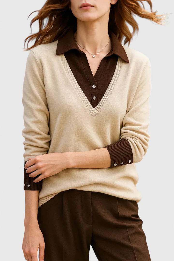 Women's knit v-neck sweater with button detail on cuffs