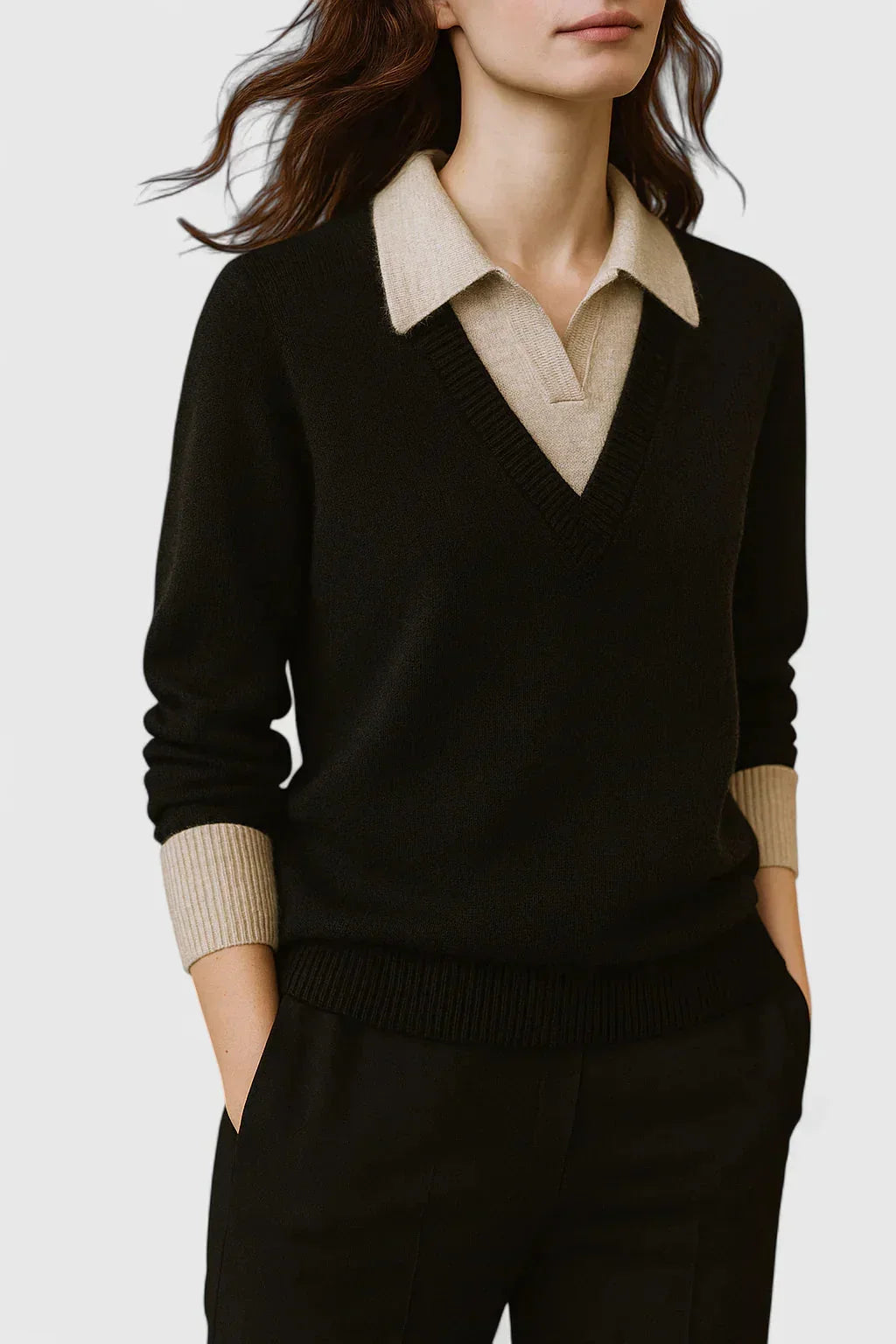 Women's knit v-neck sweater with button detail on cuffs