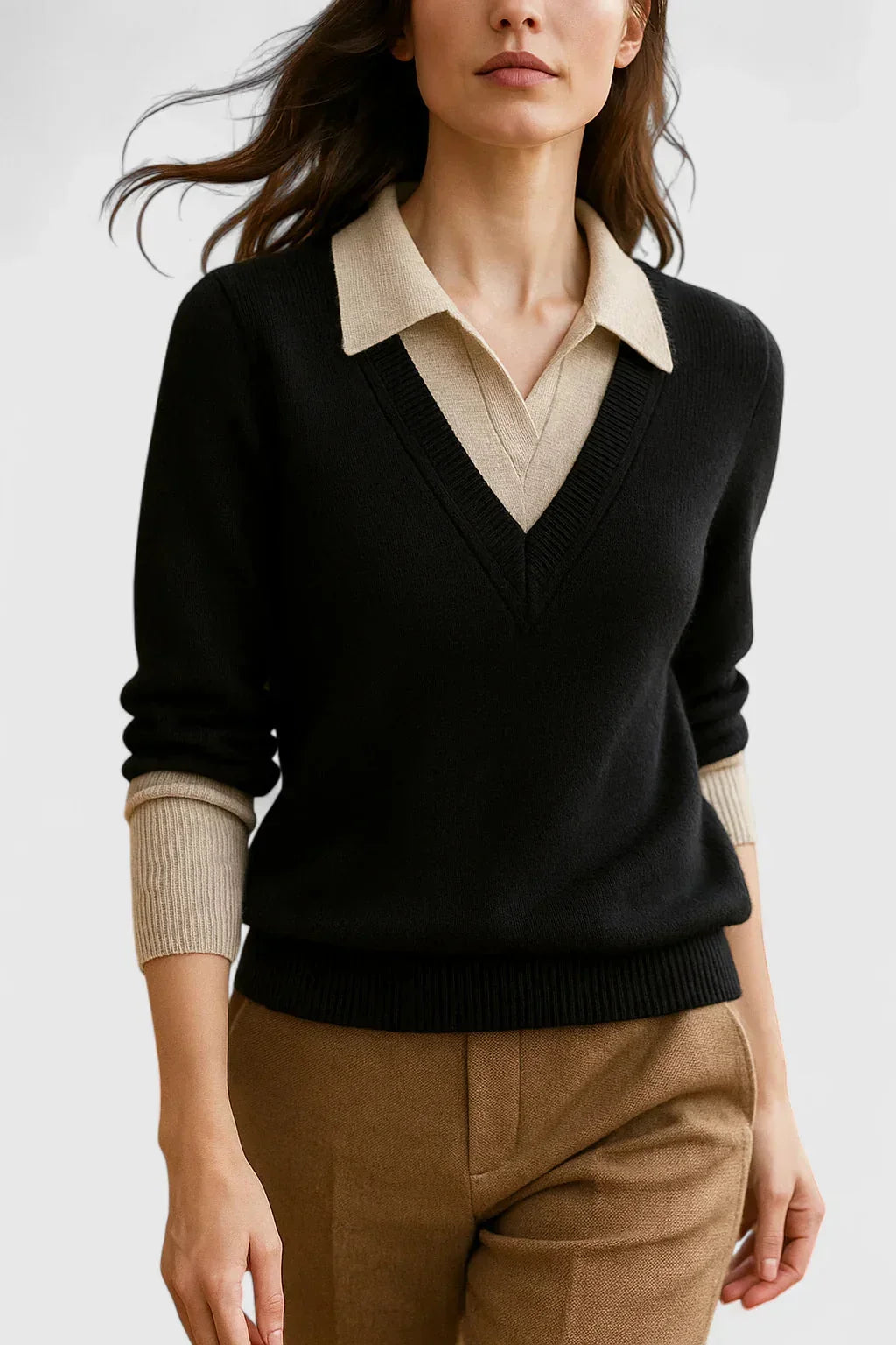 Women's knit v-neck sweater with button detail on cuffs