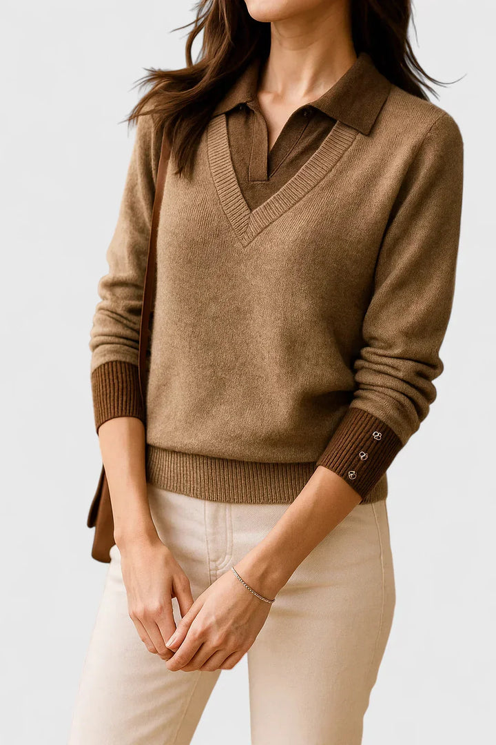 Women's knit v-neck sweater with button detail on cuffs