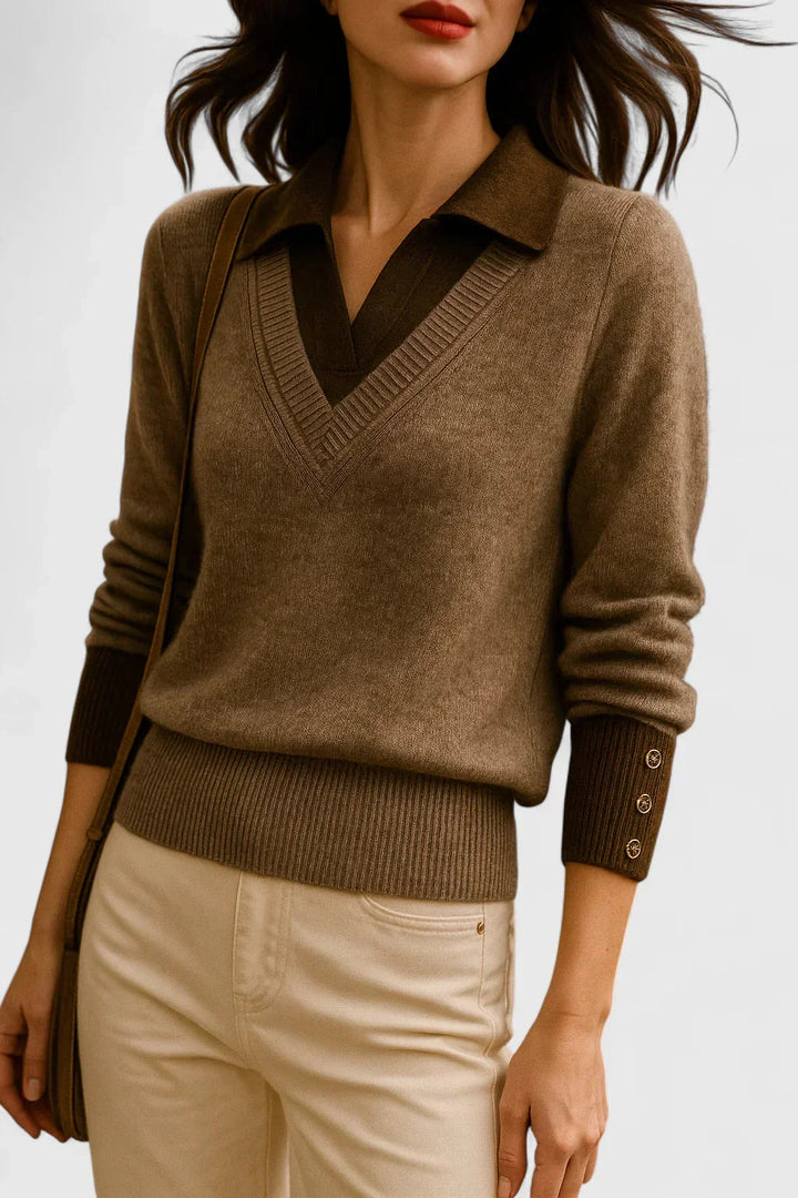 Women's knit v-neck sweater with button detail on cuffs
