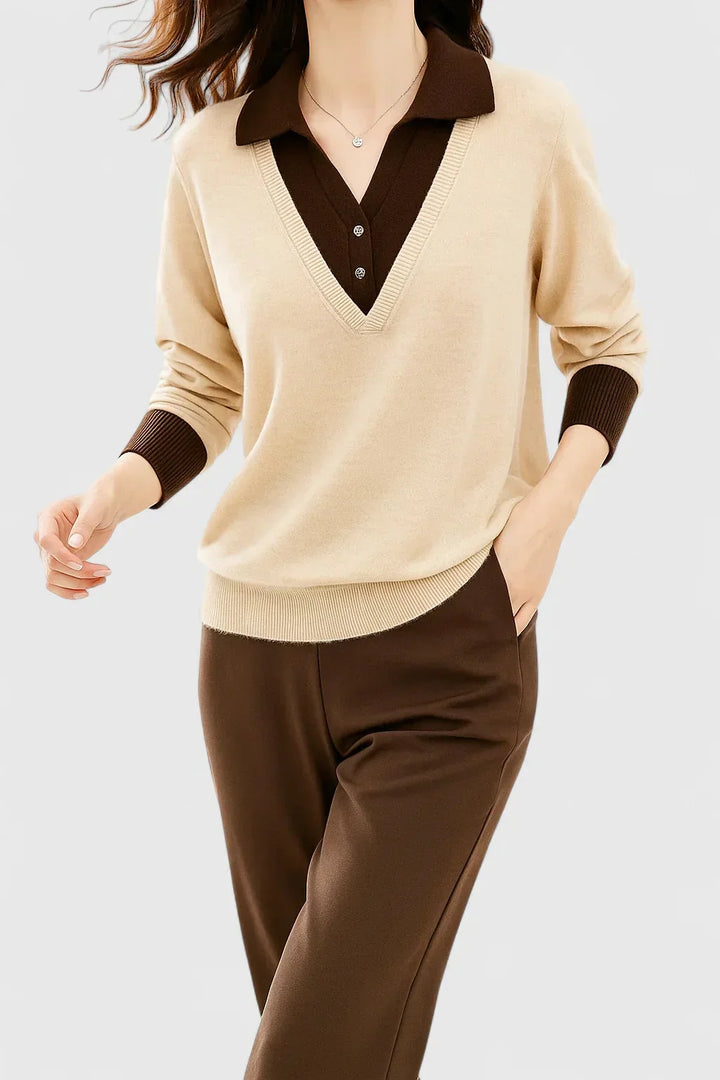 Women's knit v-neck sweater with button detail on cuffs