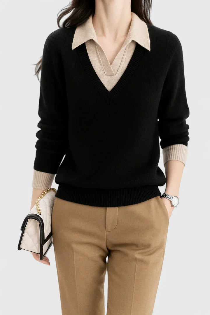 Women's knit v-neck sweater with button detail on cuffs