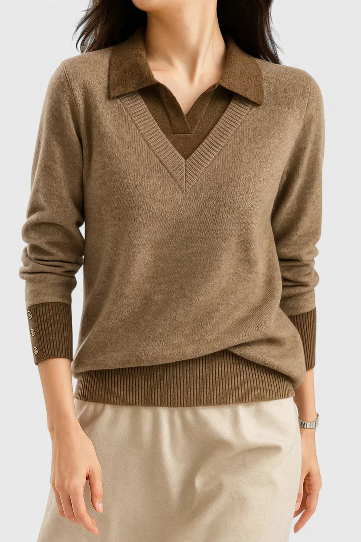 Women's knit v-neck sweater with button detail on cuffs