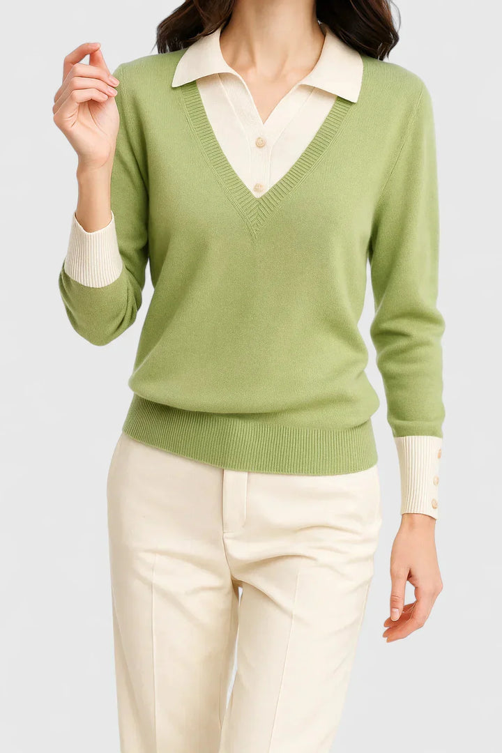 Women's knit v-neck sweater with button detail on cuffs