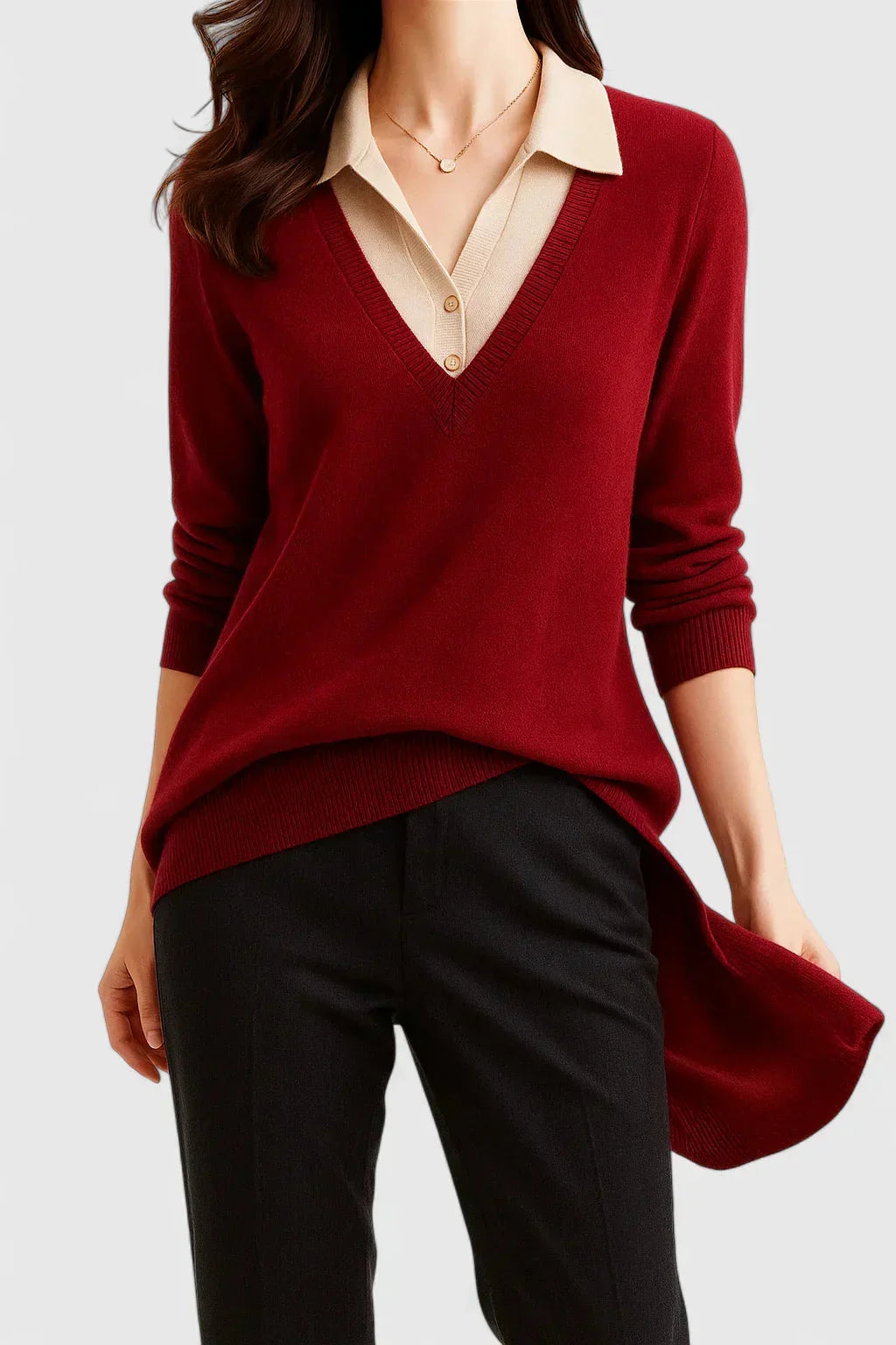 Women's knit v-neck sweater with button detail on cuffs