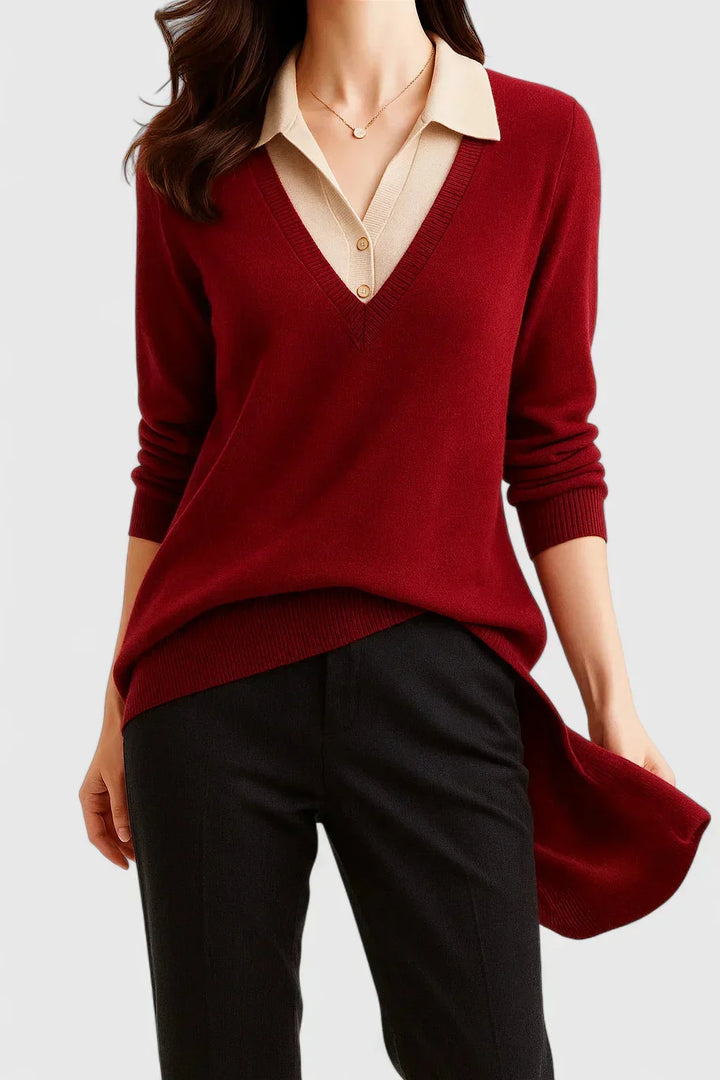 Women's knit v-neck sweater with button detail on cuffs