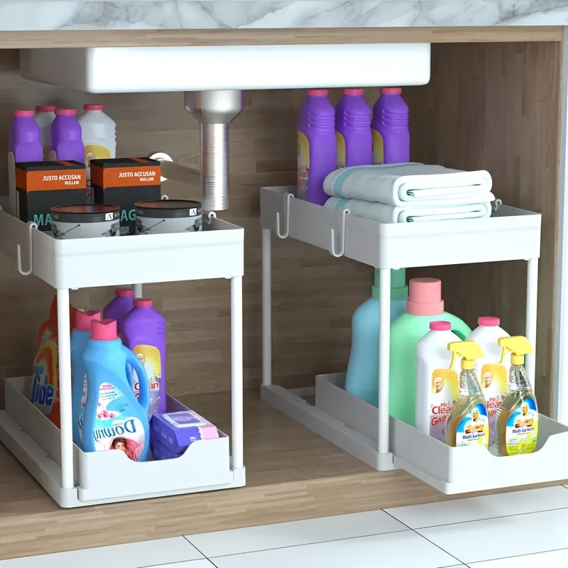 2-Tier Organizer with Hooks and Cup – Smart, Stable Storage System for Under the Sink or Worktop