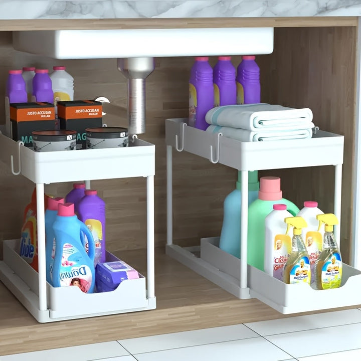 2-Tier Organizer with Hooks and Cup – Smart, Stable Storage System for Under the Sink or Worktop