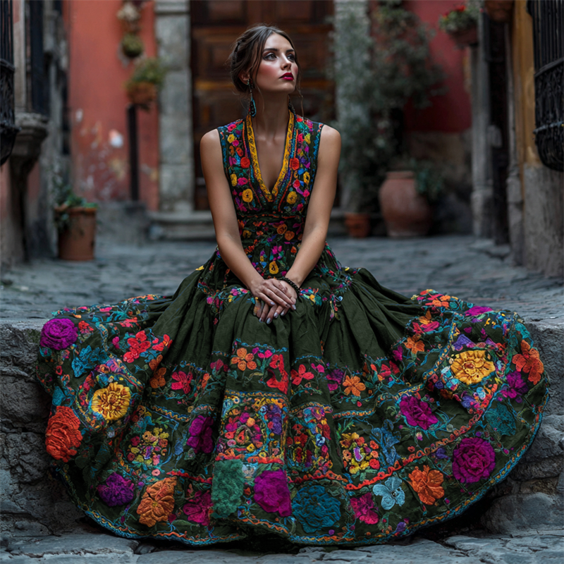 Women's Sleeveless Maxi Dress with Floral V-Neck for Parties and Special Occasions