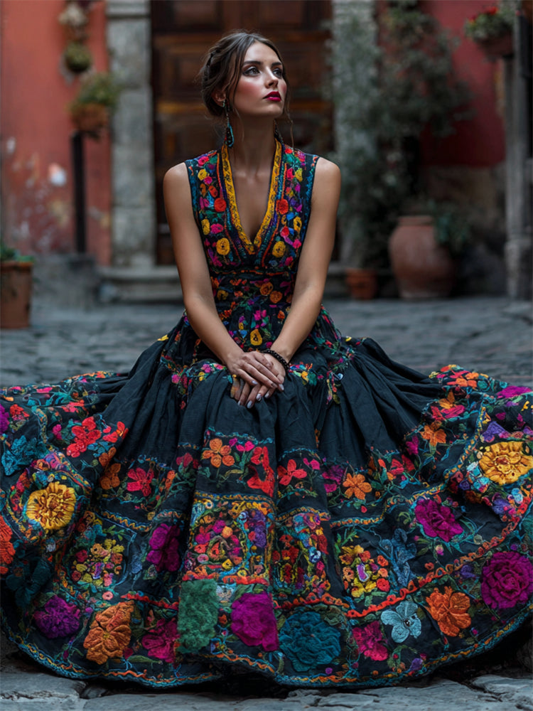Women's Sleeveless Maxi Dress with Floral V-Neck for Parties and Special Occasions