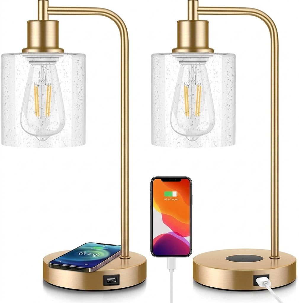 Industrial Table Lamp Set - Dimmable with Charging Ports