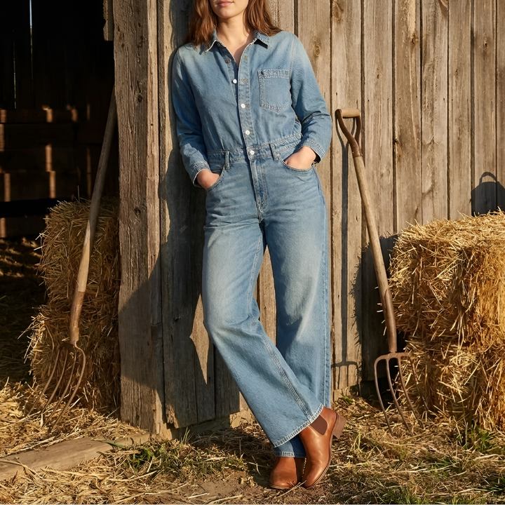 Long-Sleeve Wide-Leg Denim Jumpsuit