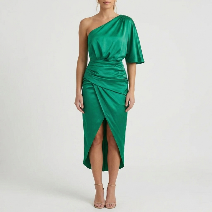 One-Shoulder Satin-Finish Midi Dress
