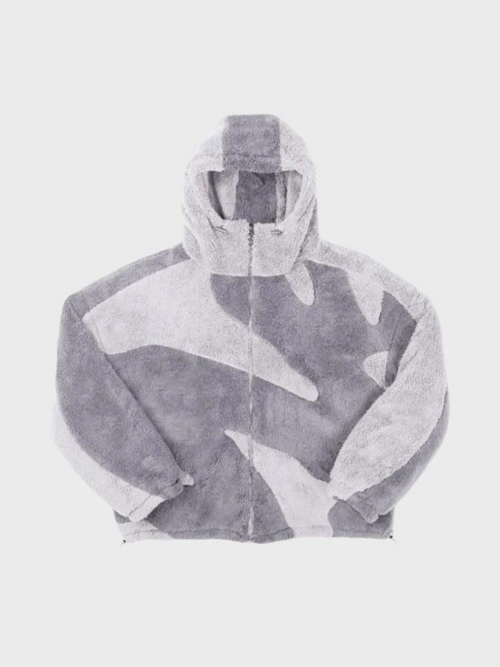 Men's hooded fleece jacket with segmented pattern design