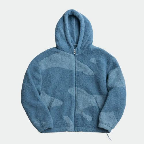 Men's hooded fleece jacket with segmented pattern design