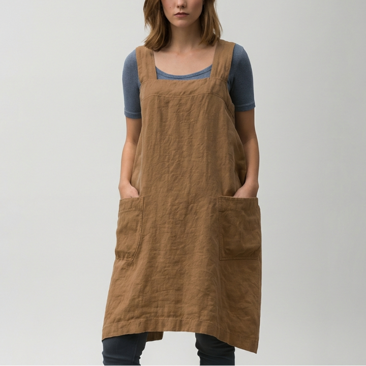 Cotton Linen Apron Style Dress with Pockets for Women