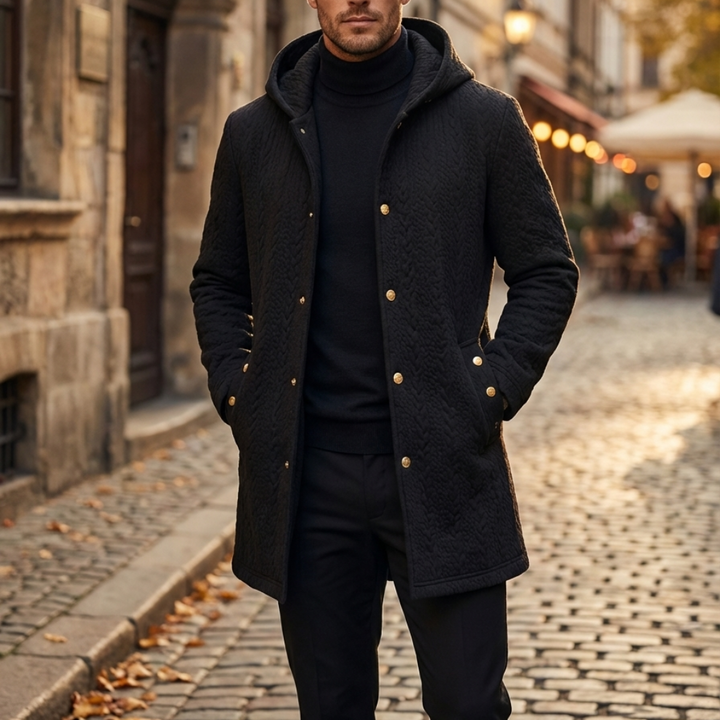 Hooded Button-Front Textured Coat
